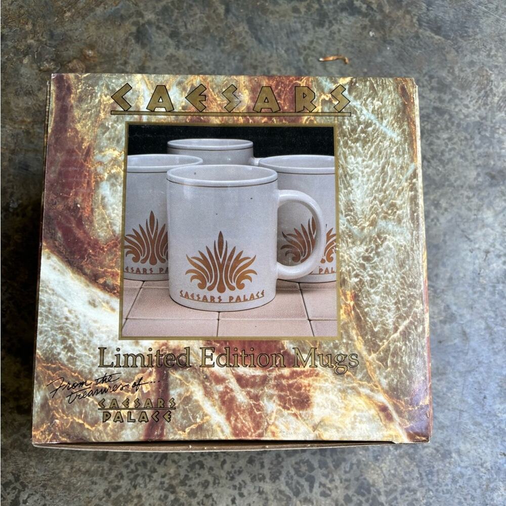Cesar’s Palace limited edition vintage white porcelain gold trim mugs 4/1set nwt
